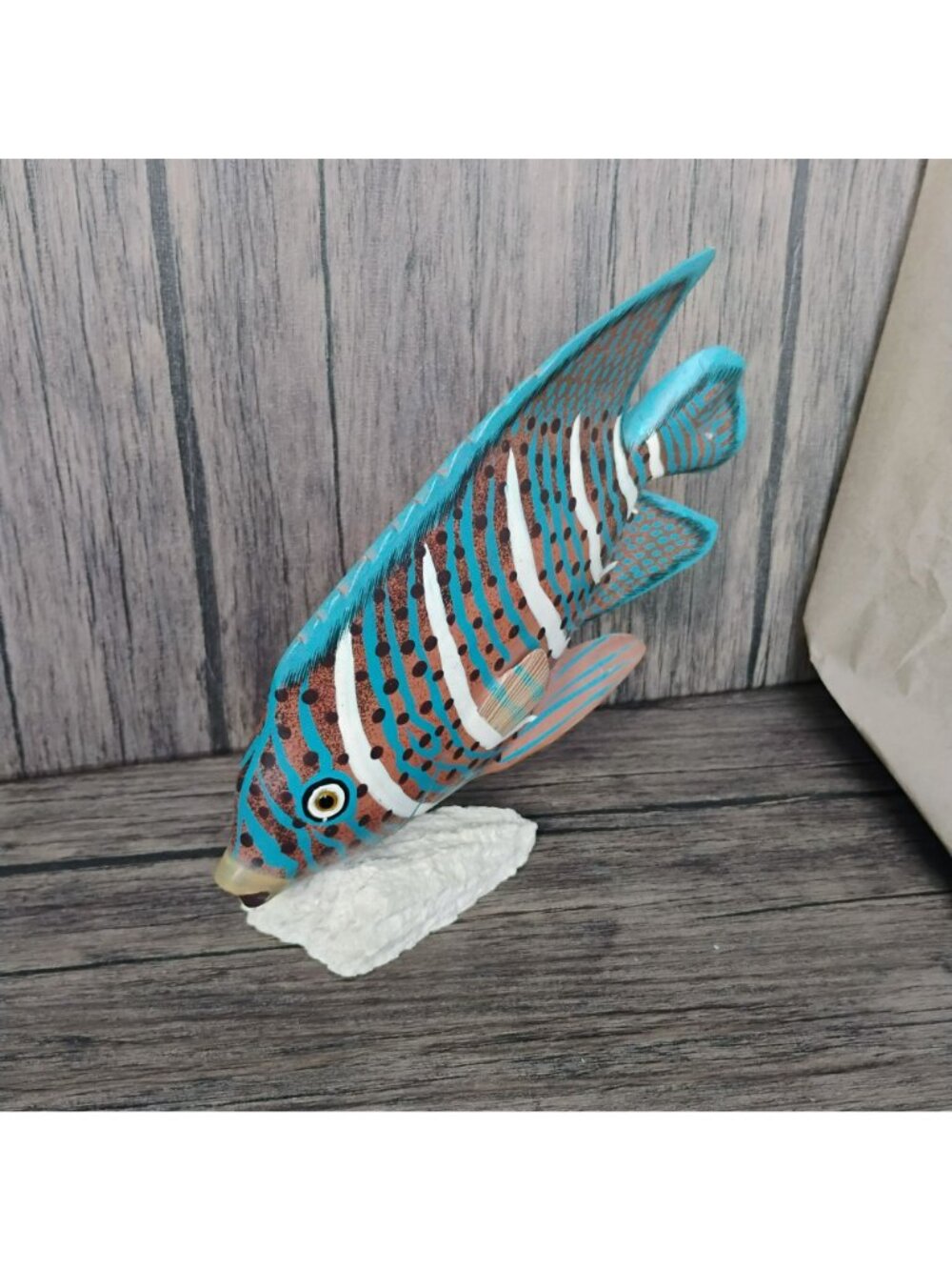 Hand-Painted Wooden Tropical Fish Figurine Blue Orange Stripes On Natural Base - Picture 3 of 6